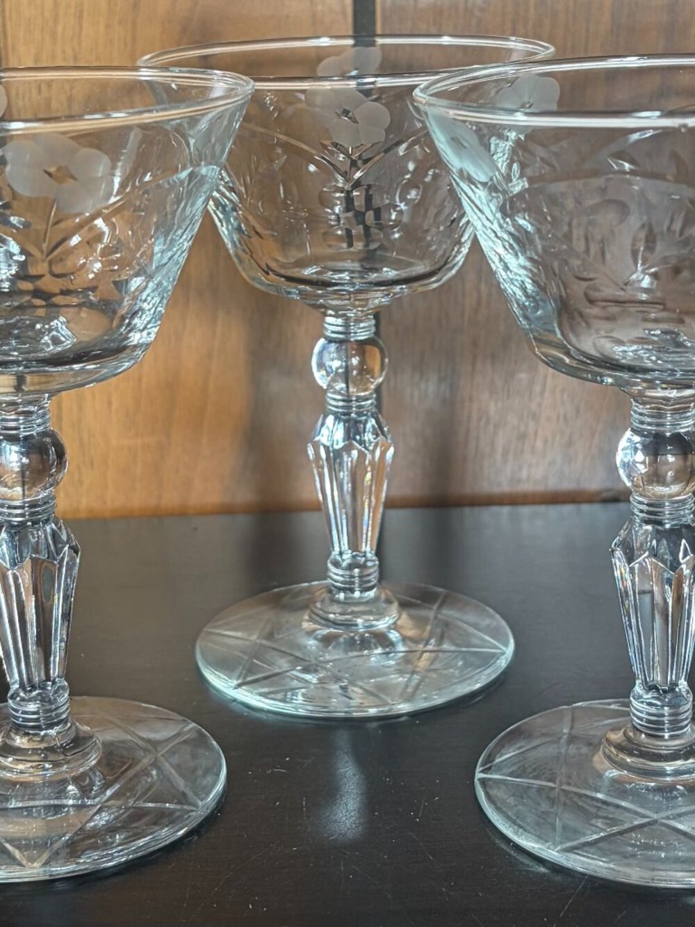 Vtg Libbey Rock Sharpe Crystal Cocktail/Sherbet Glasses Etched Floral Design (5)